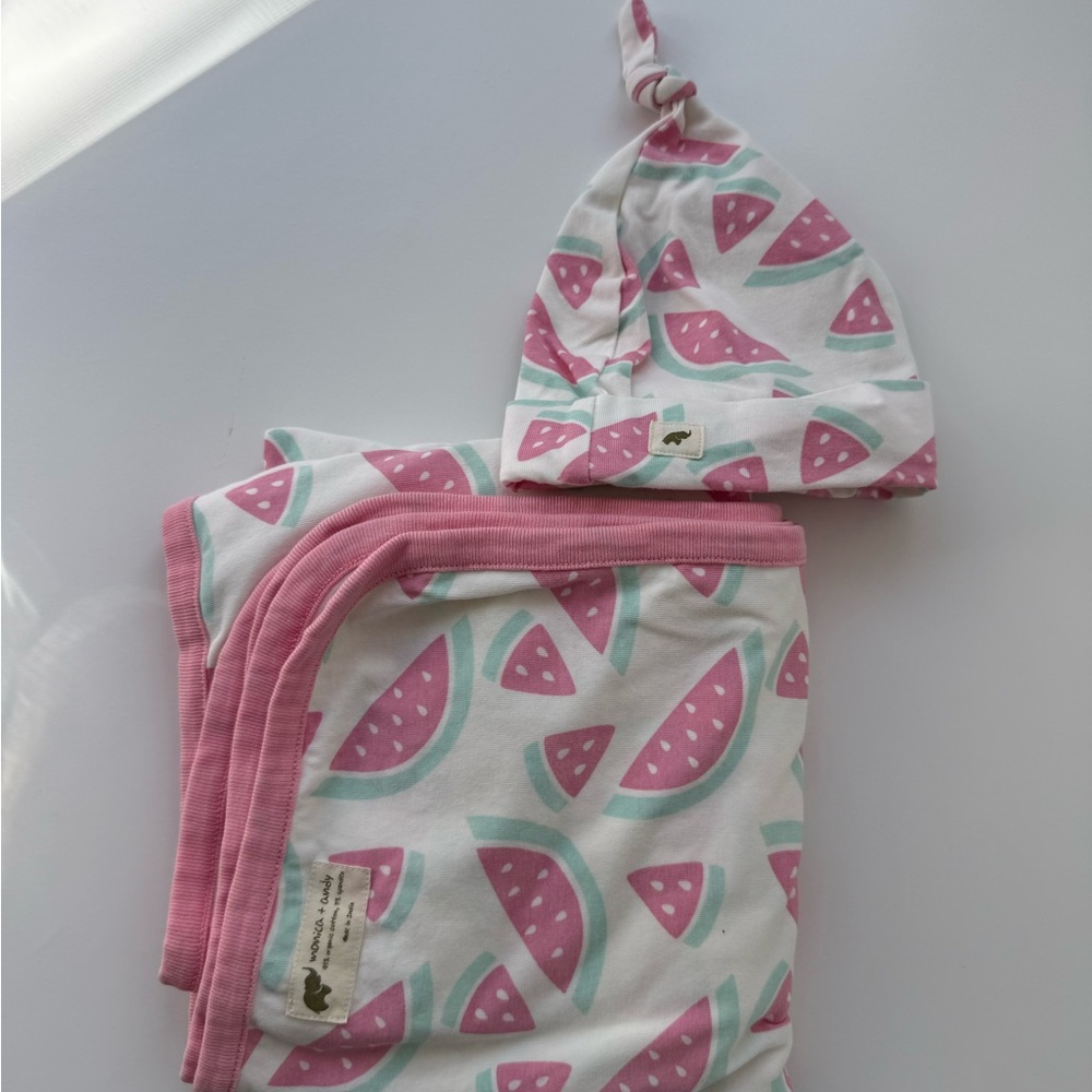 Hospital Cuddle Bundle - Organic Pink Watermelon Print Baby Hat & Blanket Set